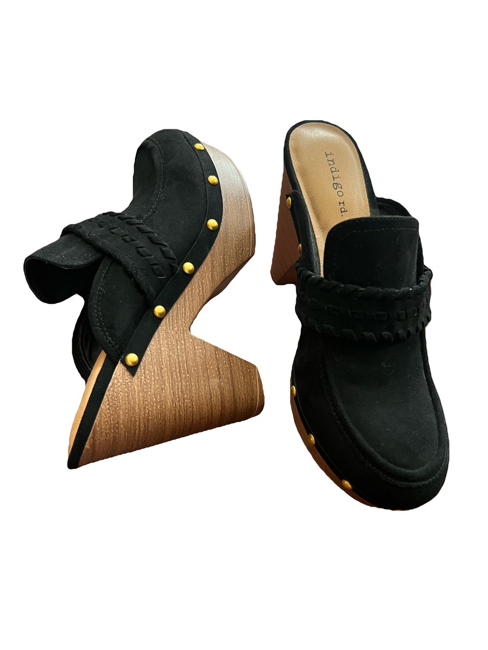 Indigo Rd. Black Suede Braided Strap Stud Clog Mules